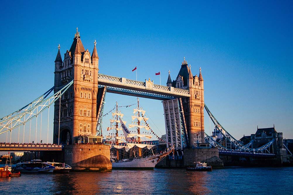 London Fanfare, a tall ship passes through London's Tower Bridge.jpg